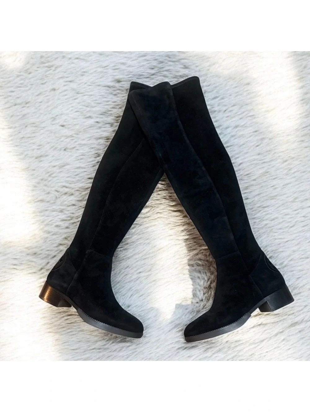 Tory Burch Over The Knee Boots Womens 7 Black Suede Leather Logo Riding Boots